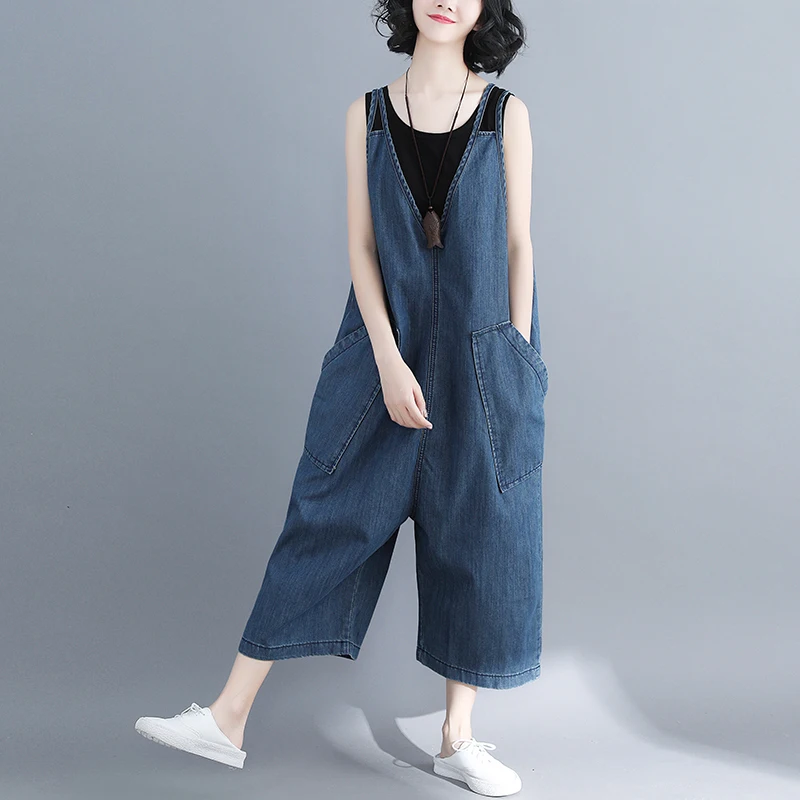 4025 Spring Autumn V-neck Sleeveless Woman Jean Jumpsuit Solid Loose Overalls Ladise Fashion Wide Leg Big Size Jumpsuit Lady