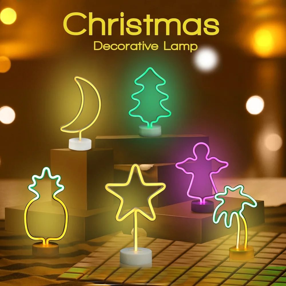 

New Premium As Gift 6 Type Angel Christmas Coconut Tree Moon Star Pineapple Polygona Model Neon Night Light Decorative Lamp