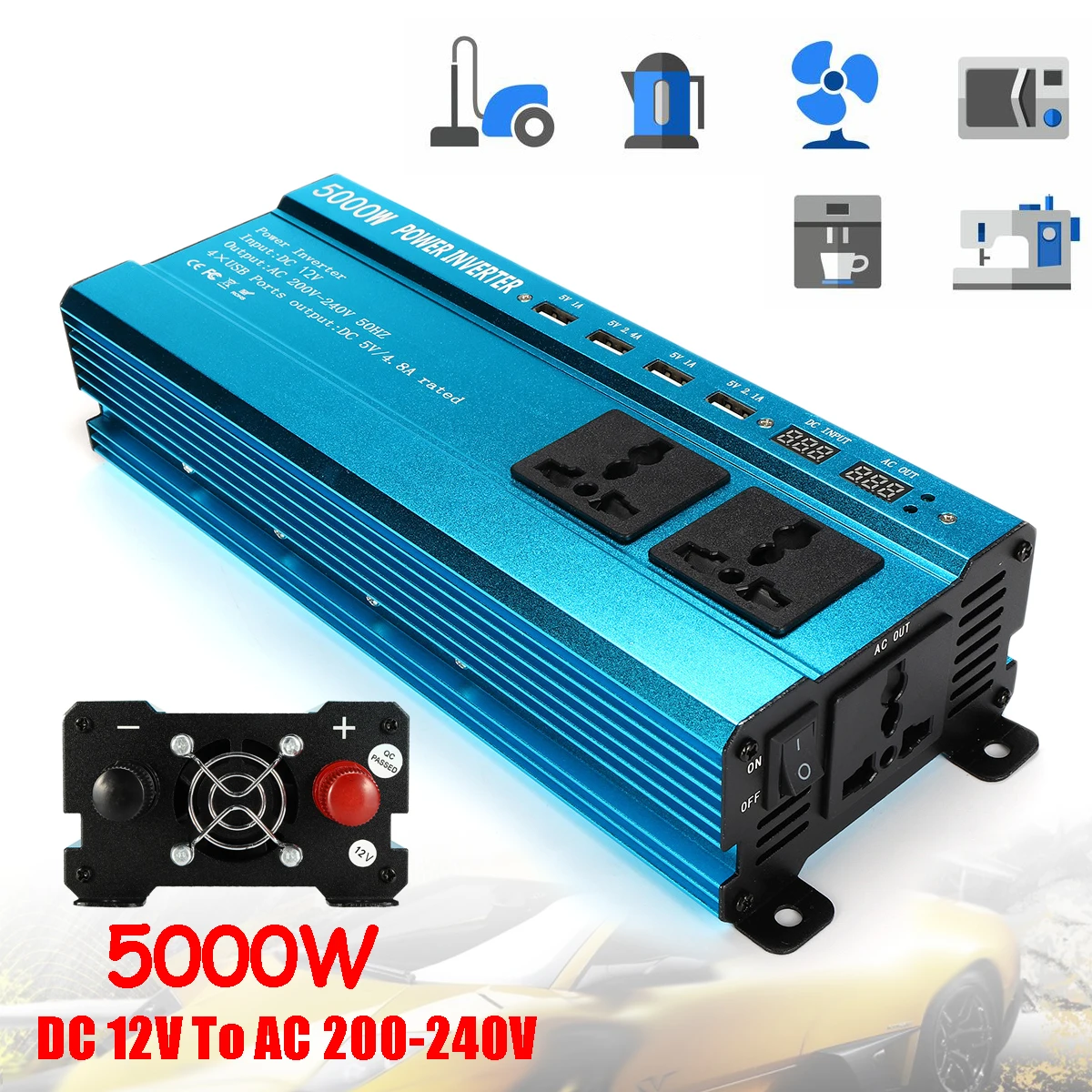 

Voltage Transformer DC 12/ 24V to AC 220V 4 USB Interface Converter PEAK 5000W Car Solar Power Inverter Overload Short Circuit