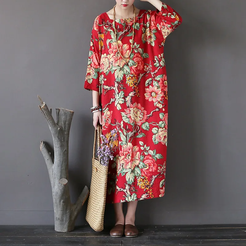 

Cotton Red Blue Flower print Women Dress Summer Loose Casual Plus size Long Dress Floral Chinese style Retro Robe Vestidos A245