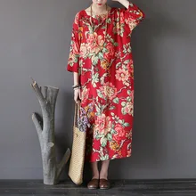Cotton Red Blue Flower print Women font b Dress b font Summer Loose Casual font b