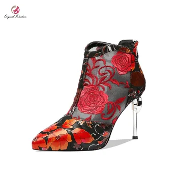 

Original Intention Women Pumps Mesh Sandals Pointed Toe Metal Thin High Heel Flower Decoration Summer Red Blue US Size 3-9.