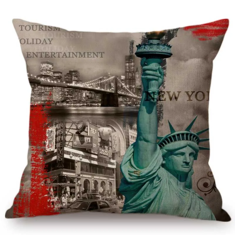 Декоративные Чехлы для подушек в винтажном стиле с изображением города Нью-Йорк, Лондон, Рим, уличные ориентиры, наволочки для дивана, домашний декор, автомобильные подушки