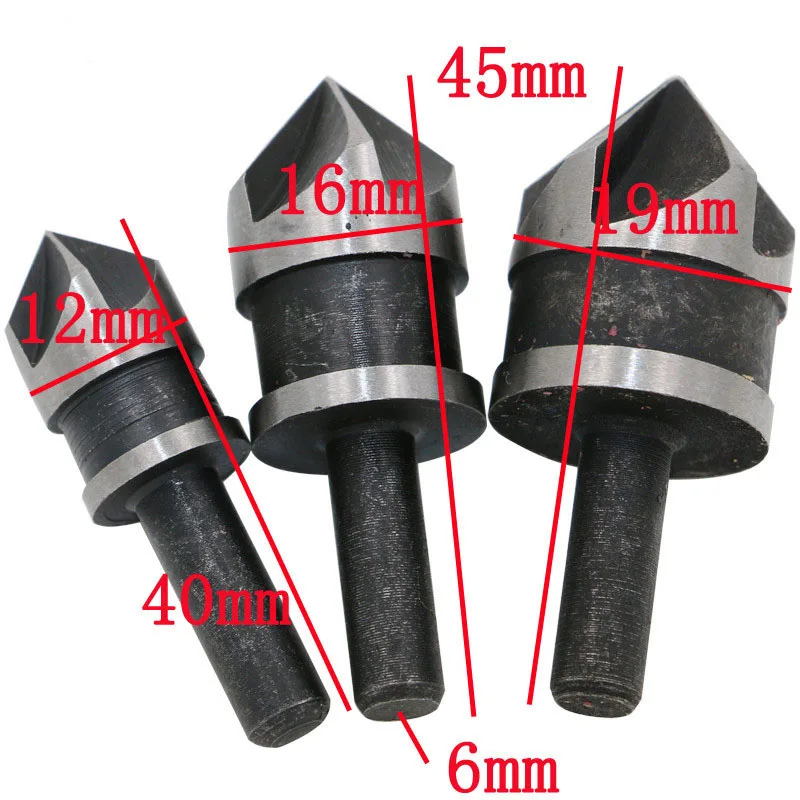 

3Pcs 90 Degree Round Shank Drill 5 Flute Countersink Woodworking Chamfer Counter Sink Chamfering Wood Power Tools 12/16/19mm