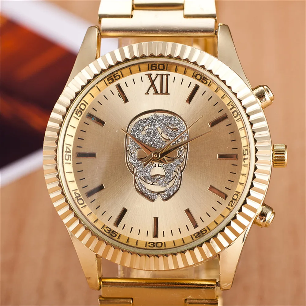 2017 Fashion Gold Rose Gold Skull Stainless Steel Round Dial Quartz Wristwatches Watch Hours Clock for