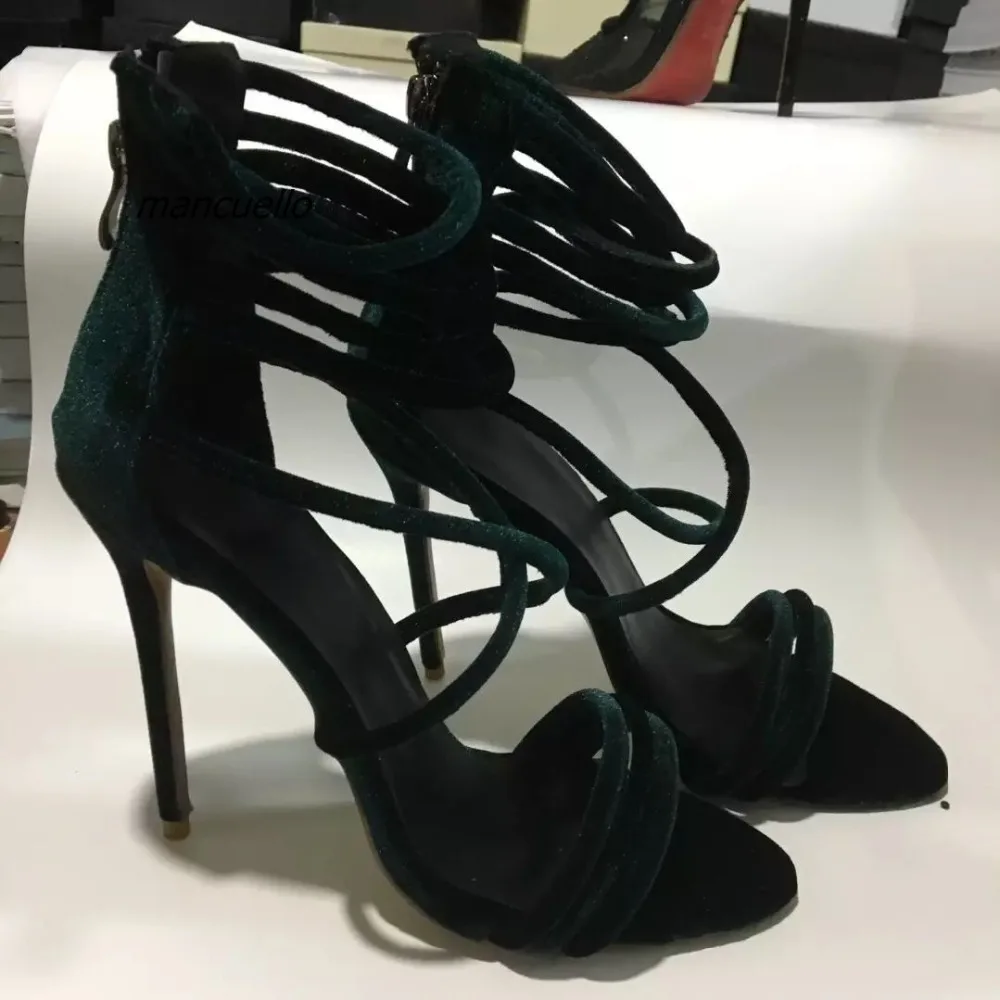 

Elegant Dark Green Suede Rope Style Thin Heel Sandals Sexy Open Toe Ankle Wrap Stiletto Heel Dress Sandals Back Zipper Shoes