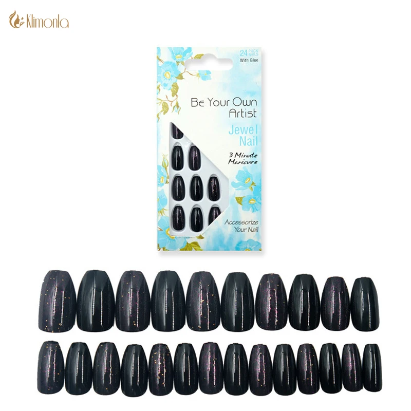 

24Pcs/Set Black Color False Nails Pre-design Full Cover Nails Coffin Press on Artificial Ballerina Acrylic UV Gel Fake Nail Tips