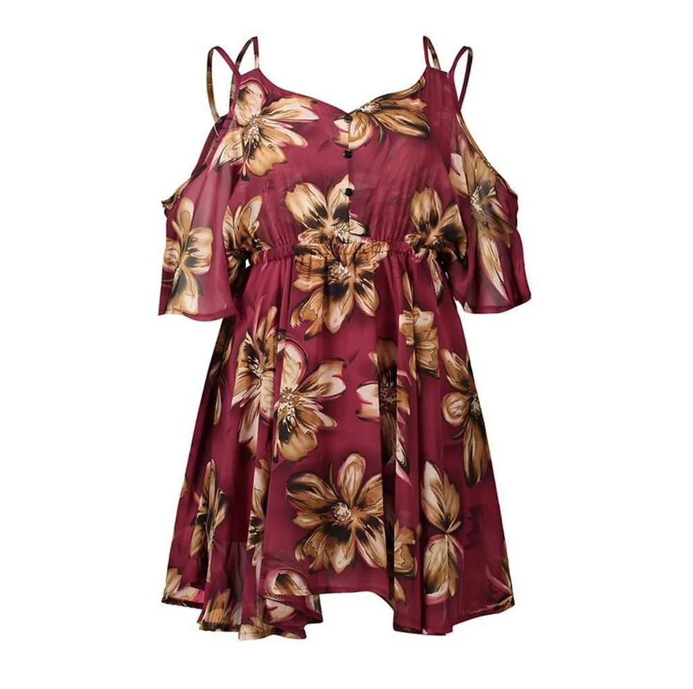 Casual Beach Dress Cold Shoulder ruffle print Summer dresses women High waist strap chiffon beach dress Boho party sexy dresses (12)