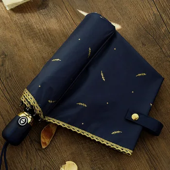 

Japanese Hot Gold Feathers Automatic Three Fold Pongee Umbrella Sunscreen Umbrellas Anti-UV Men Women Rain Tools Sun Parasol