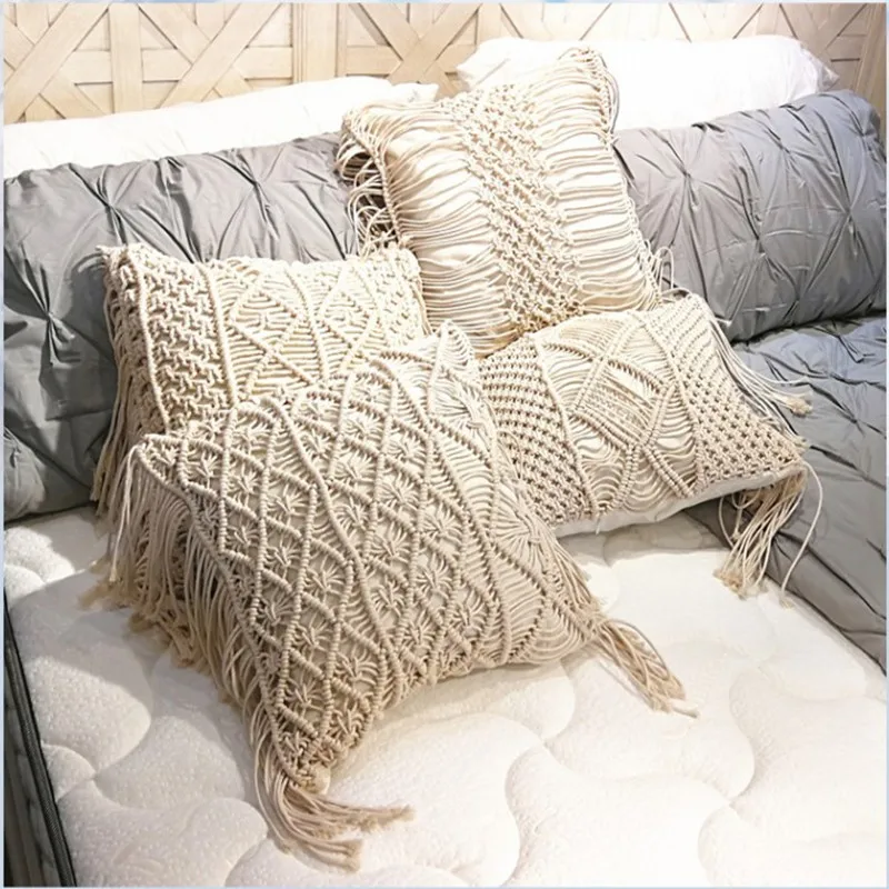 

Hand-woven Cotton Thread Cushion Cover with Tassels Beige Macrame Geometry Bohemia Ethnic Pillow Cover 45x45cm Home Decoration