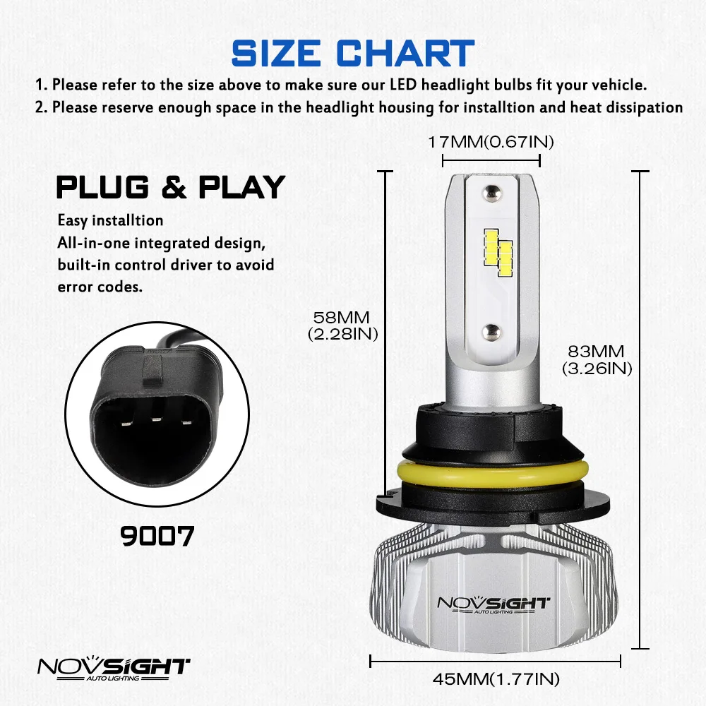 NOVSIGHT 2 шт. безвентиляторный авто свет H4 светодиодные лампы для автомобильных фар H1 H3 H7 H11 9005 HB4 H13 чипов CSP 6500 к белый свет 12 v 24 v