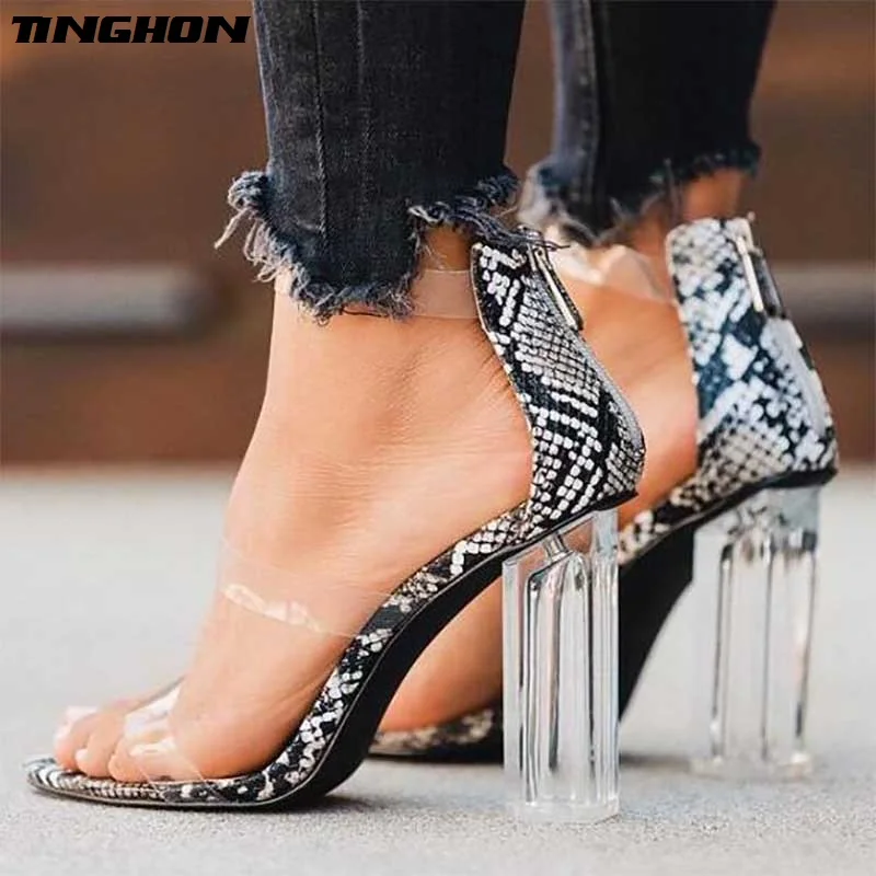

TINGHON Fashion PVC Jelly Crystal Sandals snake Women's Shoes Peep Toed Block High Heels Transparent Heel Zipper Lady Sandals