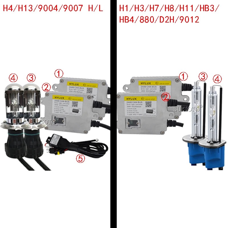 SUKIOTO Canbus Xenon H4 bixenon HID Headlight Kit D2H H7 H11 H8 HB3 xenon bulbs 5500K white Hylux Hyluxtek 2A88 Ballast hid Kit