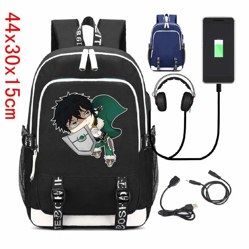 

Rising of The Shield Hero Naofumi Iwatani Canvas Backpack USB Charging Headphone Jack Student Zip Schoolbag Boy Girls Laptop Bag