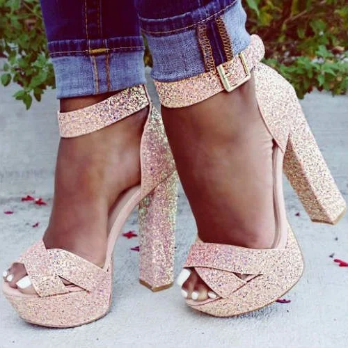 

Sexy Bling Bling Glitter Embellished Platform Thick Heels Sandal Peep Toe Ankle Strap Woman Gladiator Shoes Super High