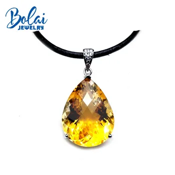 شراءBolaijewelry ، كبير الحجم 20ct الشطرنج قطع جيد رونق سيترين الطبيعية قلادة مع الجلود الحبل قلادة 925 الفضة المرأة