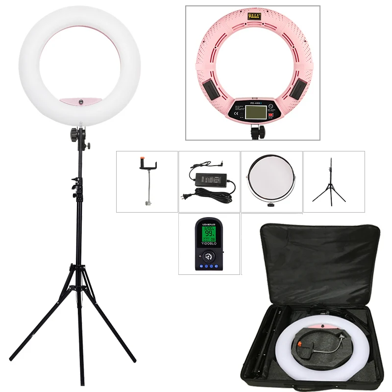 Светодиодный кольцевой светильник с регулируемой яркостью, кольцевой светильник 480 светодиодный S YIDOBLO, видео светильник, ЖК-дисплей, RC фотографический светильник ing+ 2 м подставка+ сумка - Цвет: Розовый