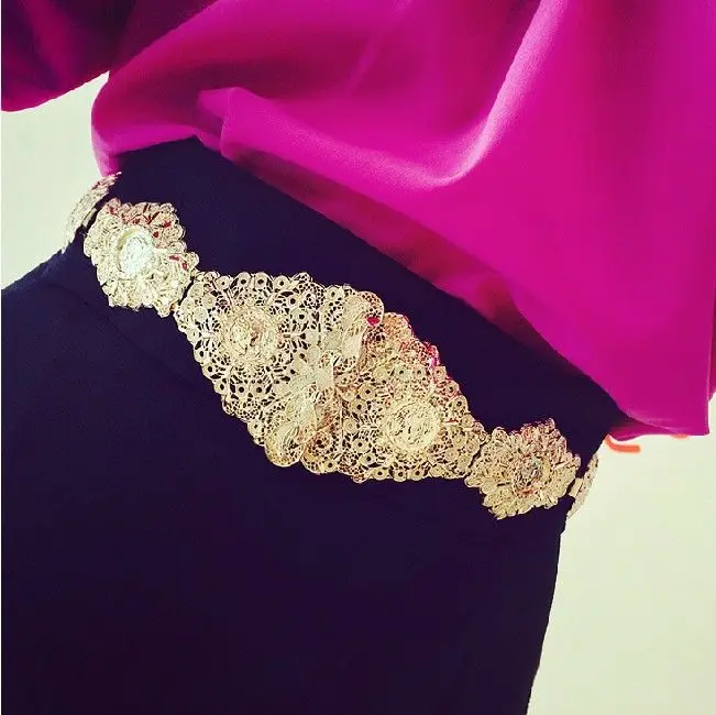 

Woman Brand dress Belt Long Gold Metal keeper Elegant Detail Carved Flower Luxury Celebrity cummerbuand