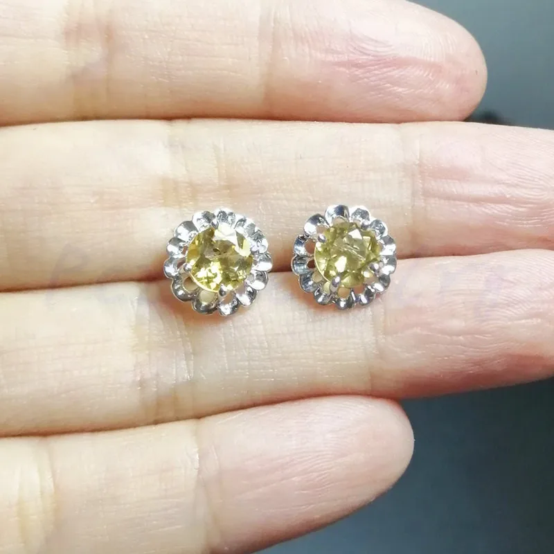 Серьги-гвоздики с натуральным цветком цитрина, серебро 925 пробы, 0.7ct* 2 шт, драгоценный камень для мужчин или женщин# C971608