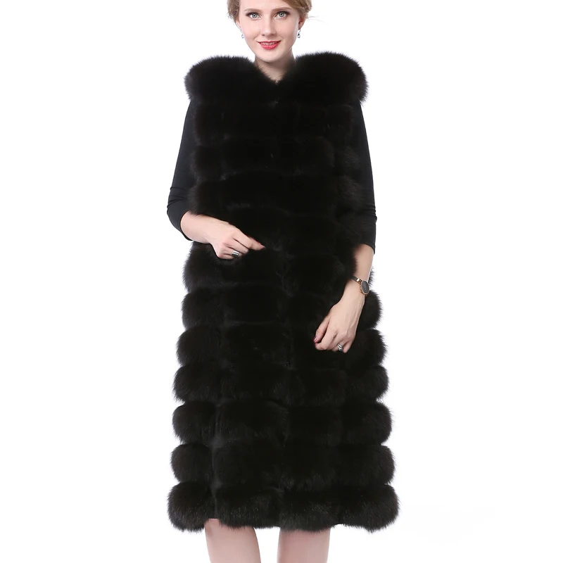 Women's Long Real Fur Black Vest Natural Fox Fur Vest With Detachable Bottom Wearing 110CM Vest