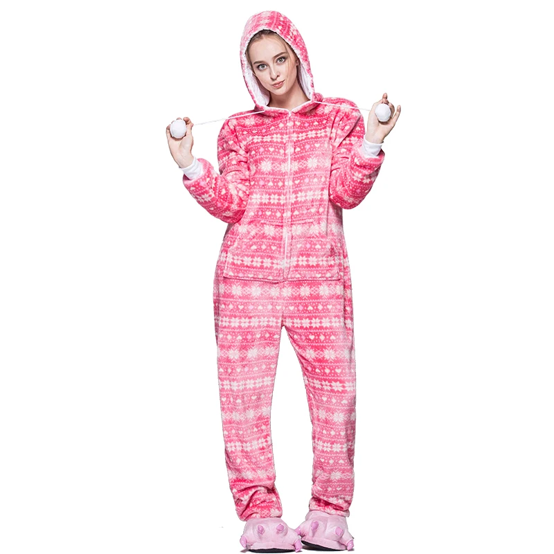 Winter adults flannel Winter kigurumi pink snowflake onesies woman men ...