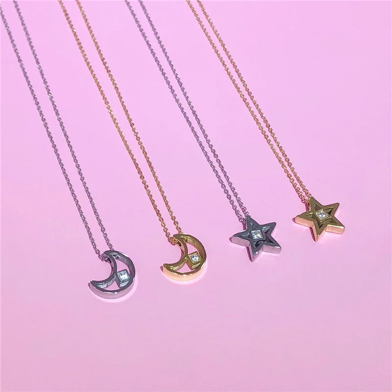 

Stainless Steel Jewelry Set Earring Star Necklace Moon Necklace Pendant Fashion Jewelry Women Metal Chain Zirconia Accessories