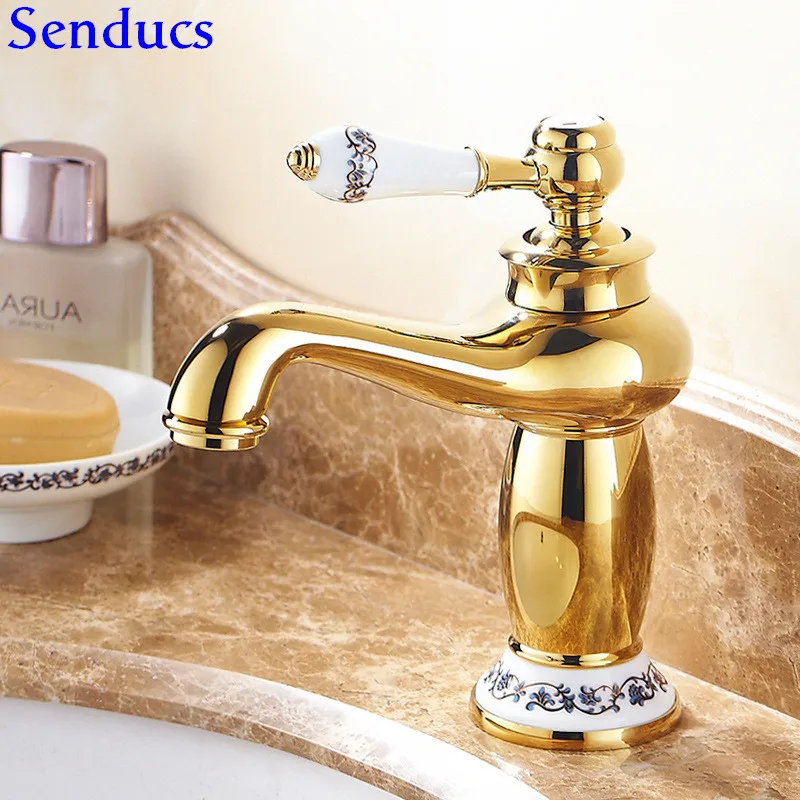 

Senducs Gold Bathroom Basin Faucet Contemporary Hot Cold Golden Basin Sink Faucet Quality Brass Bathroom Mixer Faucet