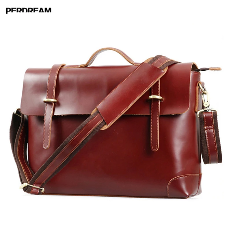 

PERDREAM Solid Genuine Leather Man Handbag Vintage Cowhide High Quality High Capacity Crossbody Bag Simple Men's Business Bag