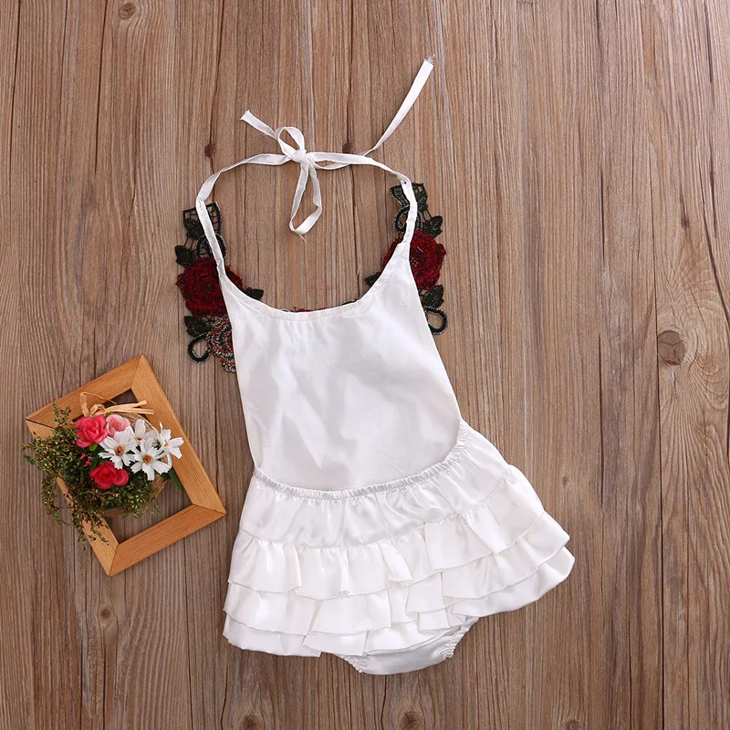 Summer Baby Clothes Big Flower Embroider Ruffle Baby Girls Bodysuit Halter Soft Satin Baby Girls Outfit Floral Kids Clothes  (8)