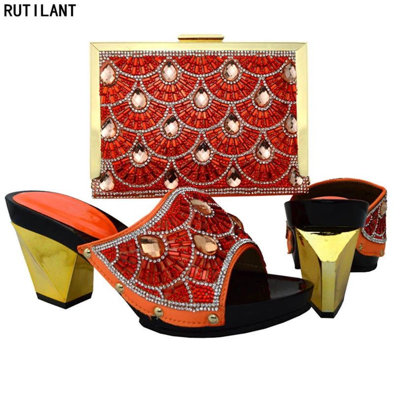 Strass Sapato Pour À Feminino Italien Africain 2018 Et Décoré Ensembles Avec fuchsia Sac Correspondre jaune Sacs Ensemble Chaussures Orange 7dgdpq