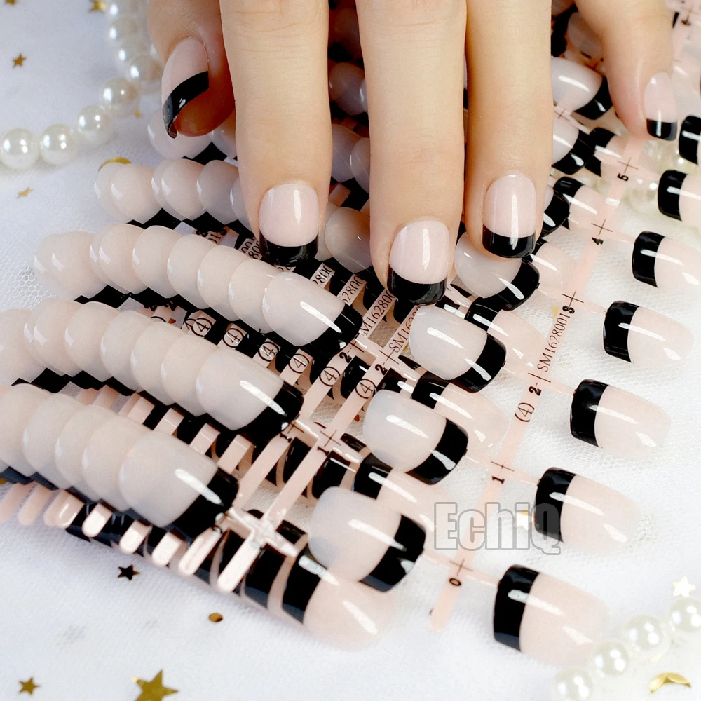 10 Sets Classic French Nails Natural Black Acrylic Fake Nail Tips Full