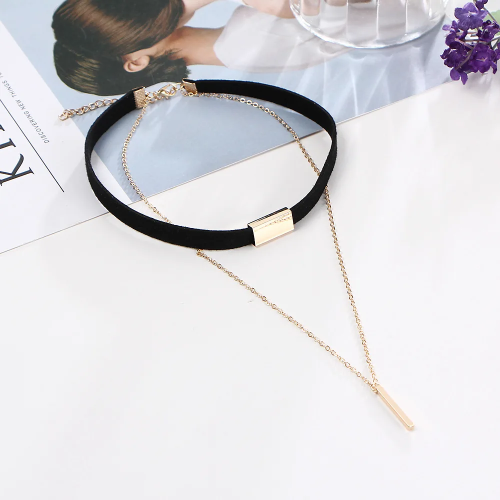 

Black Leather Velvet Chokers Women Double Link Chain Pendant Necklaces Gold Color Tassel Statement Charm Accessories Jewelry