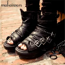Black Punk Style Women Summer Boots Buckles Genuine Leather Platform Sandals Rome Peep Toe Gladiator Sandal Ankle Booties Wedges