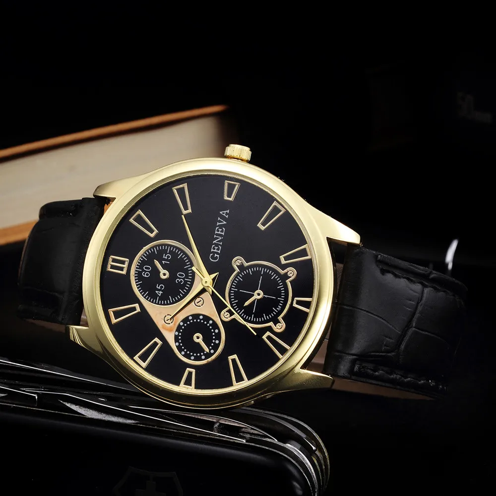 Золотые мужские часы, лучший бренд класса люкс, из искусственной кожи аналоговые кварцевые часы, 3 глаза, большой циферблат, мужские деловые часы, подарок - Цвет: a