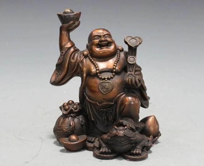 

7 inch China Pure Bronze Copper Ruyi Yuan Bao Toad Happy Maitreya Buddha Statue