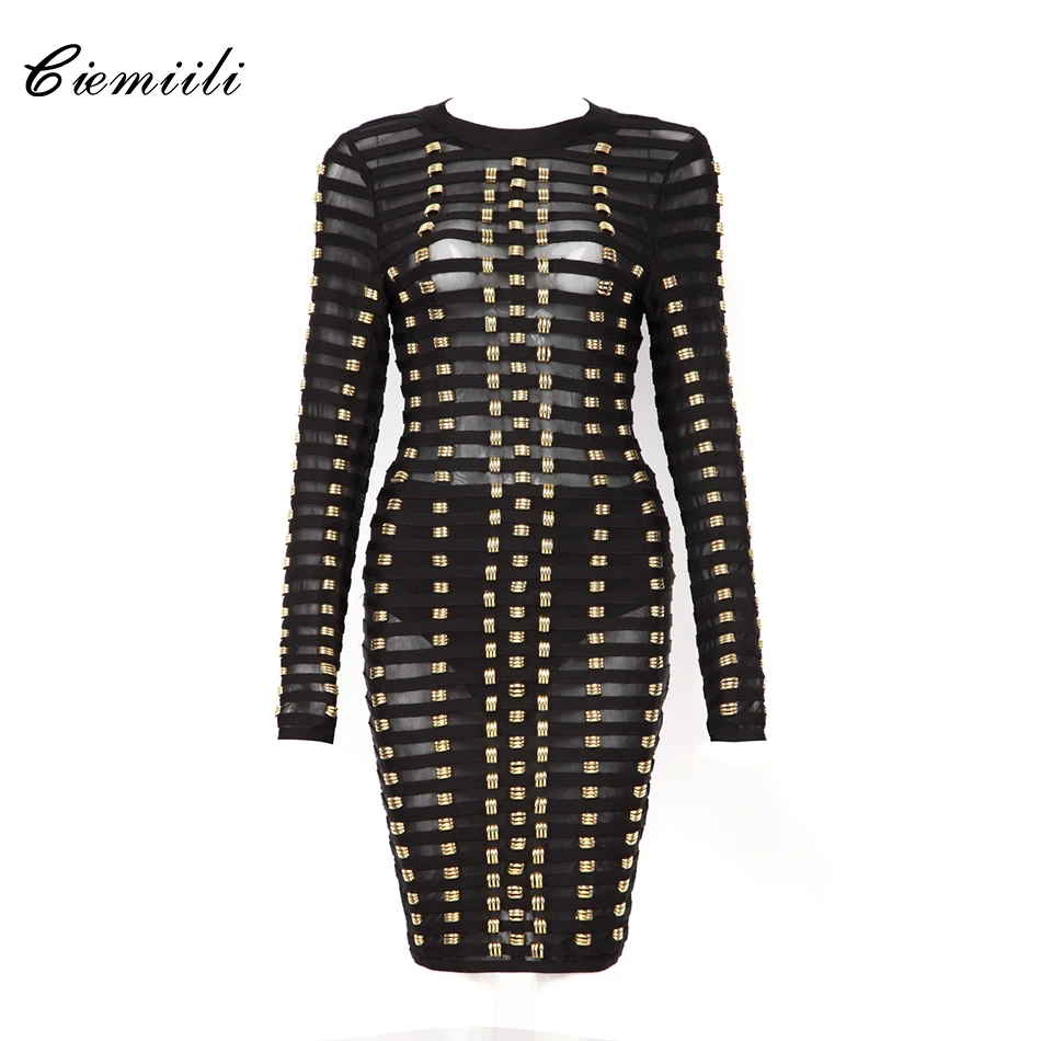 

CIEMIILI Mesh Sexy See Through O Neck Bandage Celebrity 2018 Fashion Full Sleeves Sequined Party Women Dress New Bodycon Vestido