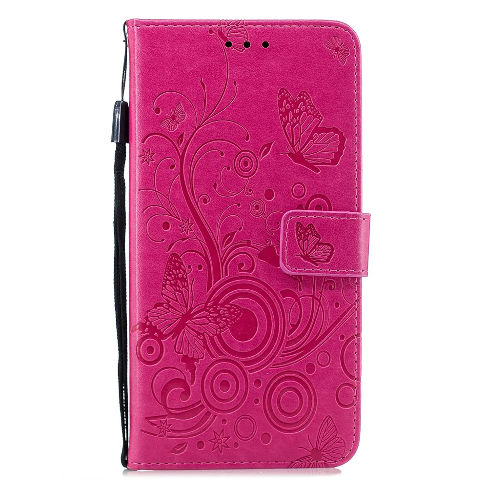 Тиснением Книга чехол для samsung Galaxy S7 край J5 J3 J7 A5 J4 J6 A6 S8 S9 плюс A8 Бумажник кожаный чехол с рисунком бабочки - Цвет: Hot Pink