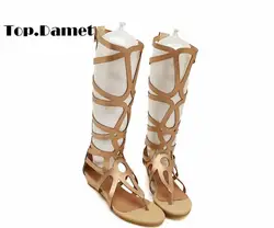 Топ. damet женщина с перекрестной шнуровкой Римские сандалии в римском стиле Стиль шлепанцы Туфли без каблуков с застежкой-молнией с закрытой