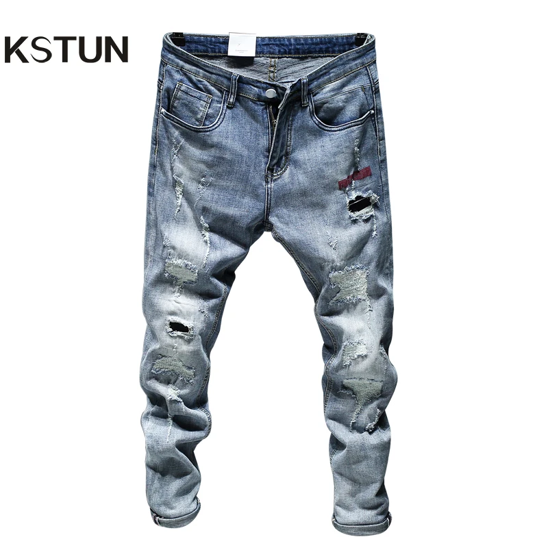 Mens Jeans Holes Frayed Hiphop Ripped Light Blue Skinny Stretch Slim Leg Streetwear Distressed Moto Biker Jeans Male Denim Pants Mens Jeans Holes Frayed Hiphop Ripped Light Blue Skinny Stretch Slim Leg Streetwear Distressed Moto Biker Jeans Male Denim Pants