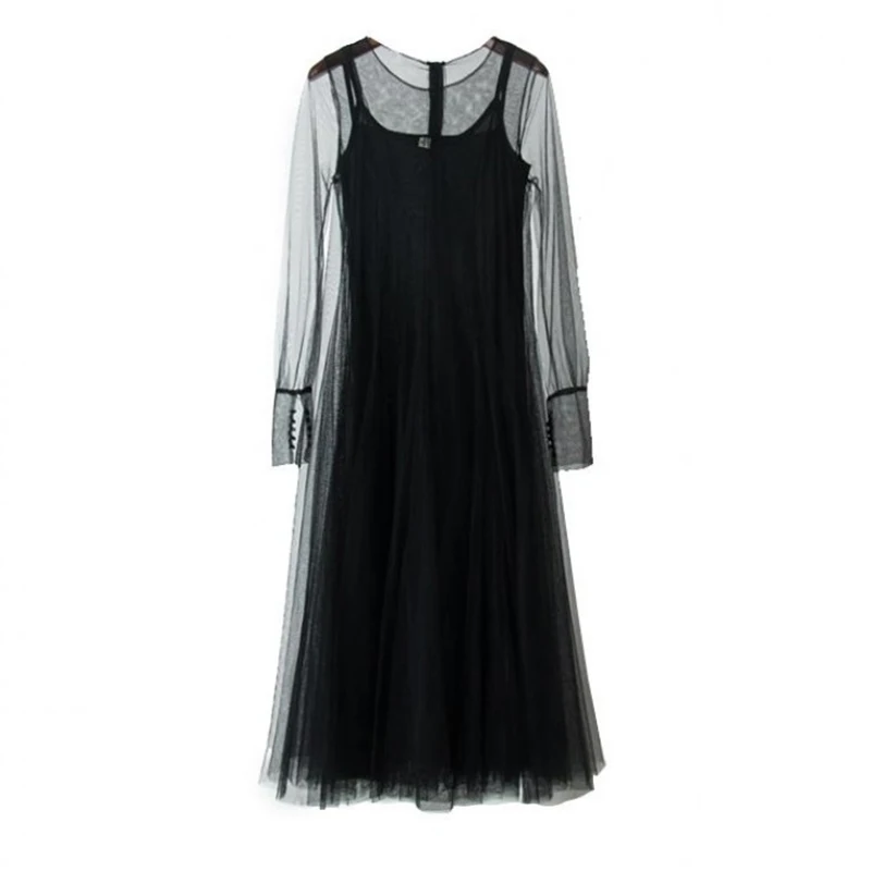 

PERHAPS U Woman vintage mesh two-piece suit black stand collar Long sleeve Knee length Dress D0841