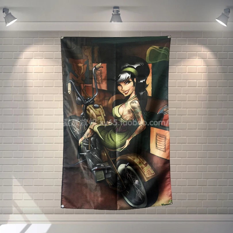 

Motorbiker Tattoo Flag Banner Sexy lady Beauty and Art Home Decoration Hanging flag 4 Gromments in Corners 3*5FT 144cm*96cm