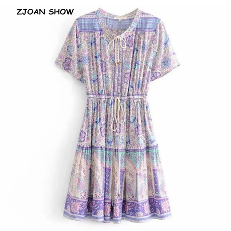 

2019 New Bohemian Lacing up Button O neck Lavender Floral print Dress Ethnic Woman Stream Tassel Short Sleeve Short Dresses