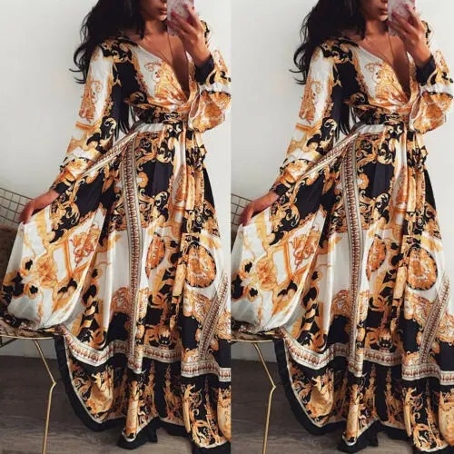 Women Boho Wrap Summer Long Dress Holiday Maxi Loose Sundress Floral Print V-neck Long Sleeve Elegante Dresses Cocktail Party Women Boho Wrap Summer Long Dress Holiday Maxi Loose Sundress Floral Print V-neck Long Sleeve Elegante Dresses Cocktail Party