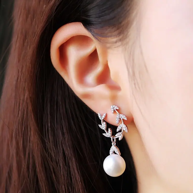 

SWOUR New Fashion Jewelry 925 Silver Needle CZ Crystal Leaf Olive Branch Pearl Design Dangle Earrings For Women S433