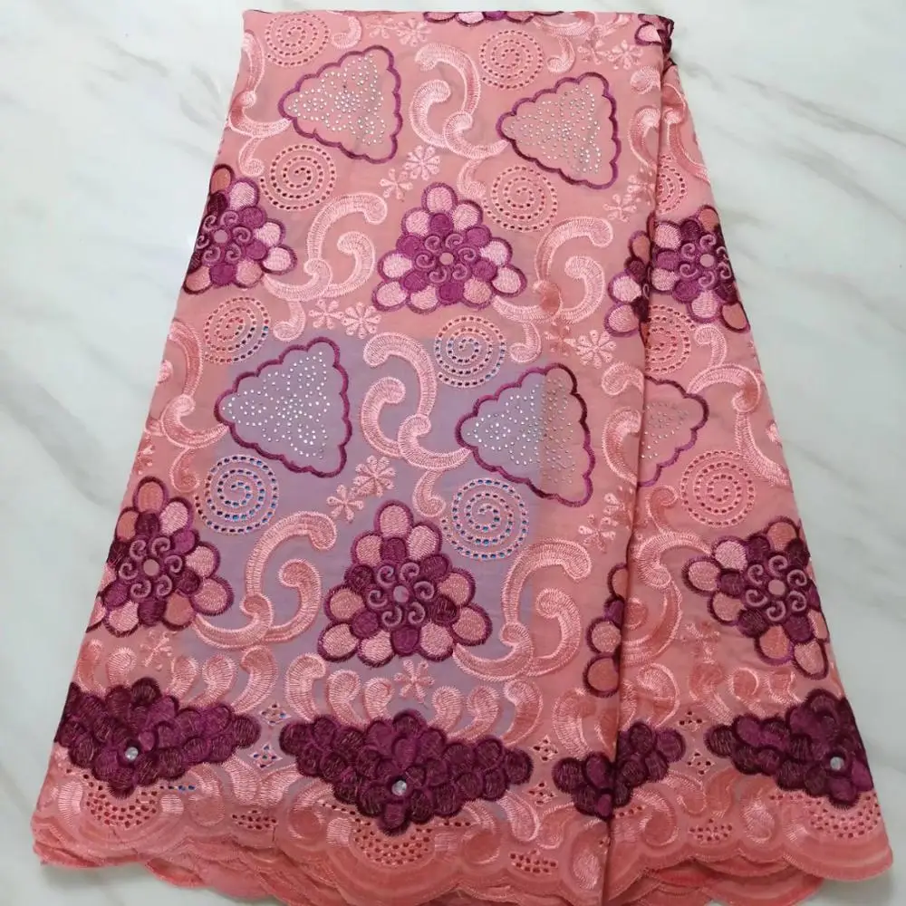 (5yards/pc) high quality embroidered Swiss voile lace fabric peach color African cotton with stones for party dress CLS245 | Дом и сад