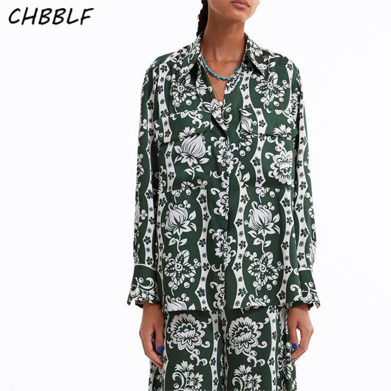 

CHBBLF women green prints blouse turn down collar long sleeve pockets shirt female casual tops blusas NJN1319