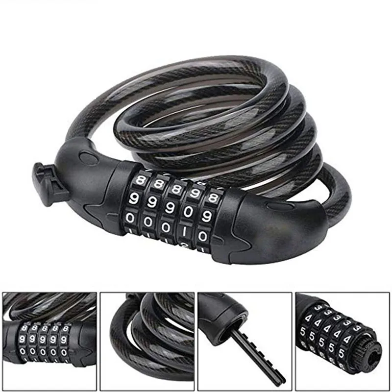 Bike Lock 5 Digit Code Combination Bicycle Security Lock 1200 mm x 12 mm Steel Cable Spiral Bike Cycling Bicycle Lock