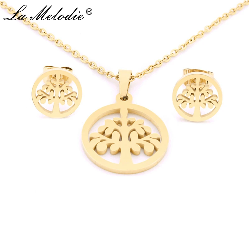

New Gold Silver Link Chains Stainless Steel Life Tree Pendants Necklace Stud Earrings Jewelry Set Women Party Wedding Jewelry