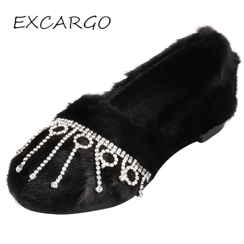 SWYIVY Woman Flats Shoes Luxury Natural Mink Fur Loafers 2019 Fall Crystal Female Scoop Casual Shoes Slip On Lady Streat Flats