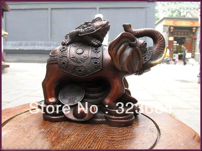 

5.5"China Red Bronze Frog on Yuan bao Elephant Lucky feng shui sculpture